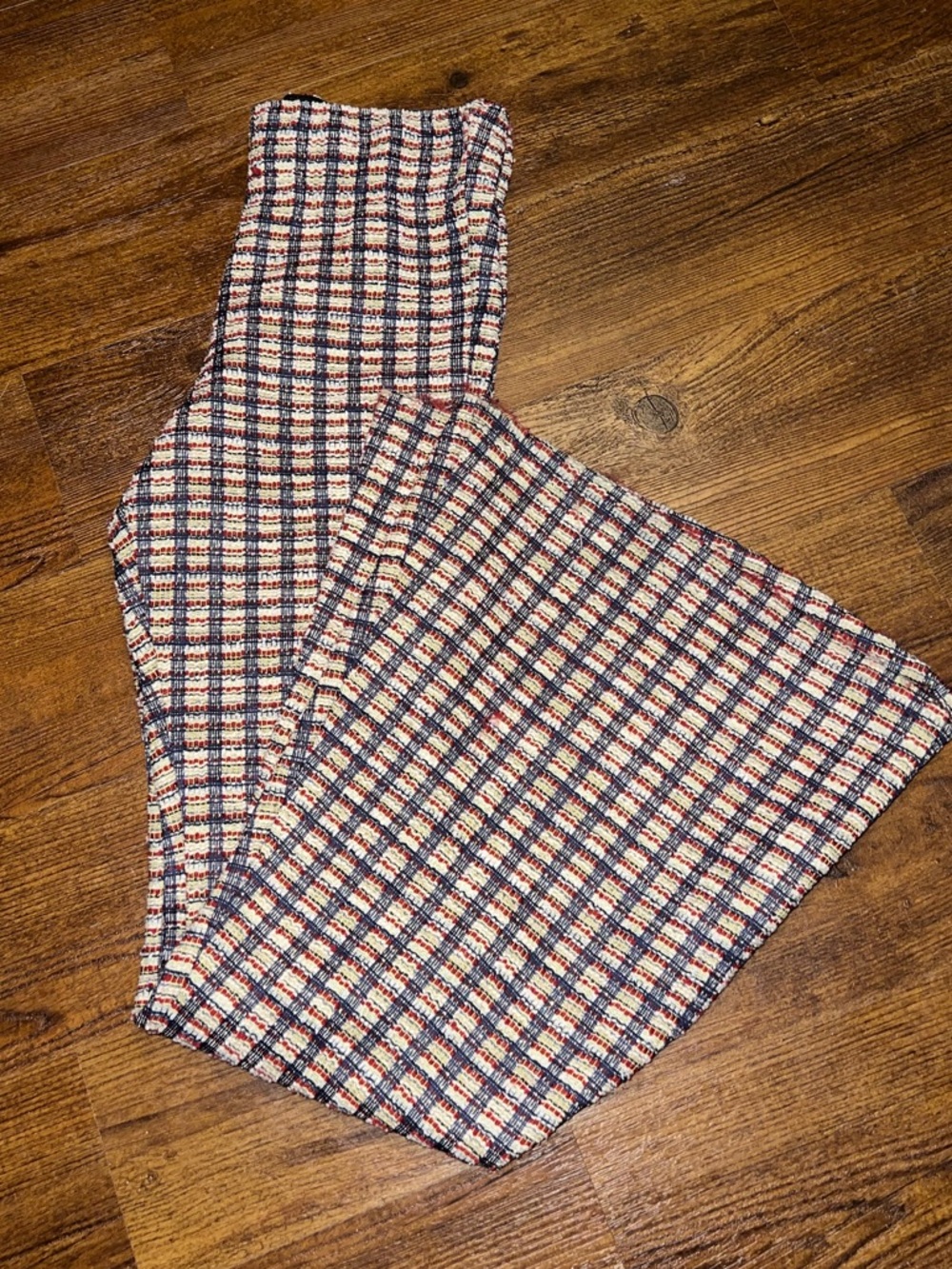 Judith March Retro 70s Tweed Navy Cream Red Plaid Knit Flare Bell Bottoms Size S - Picture 3 of 11
